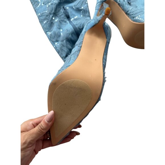 FASHION NOVA Blue Floral Embellished Over The Knee Boots Size 10 NEW NWOT - Picture 2 of 10